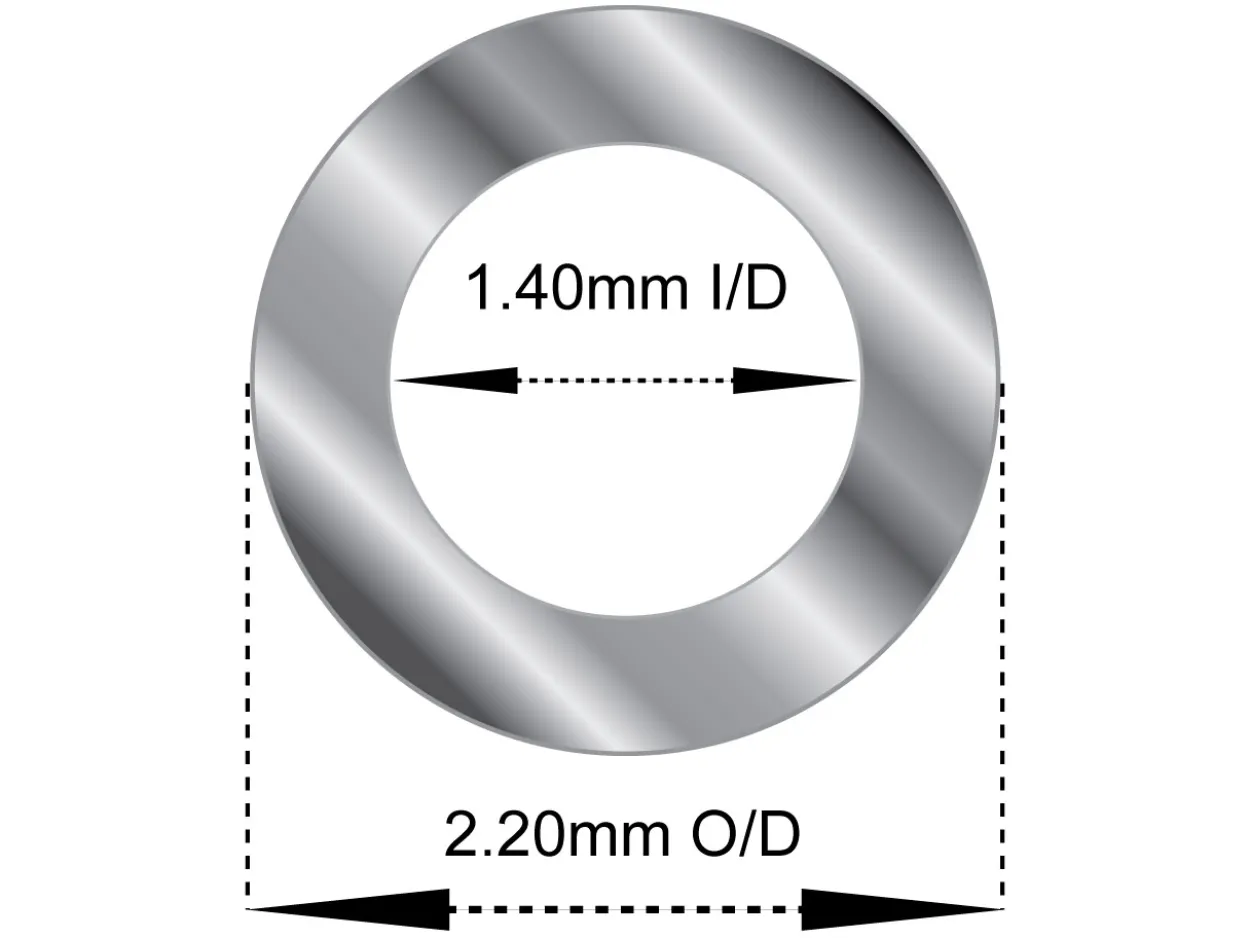 Sterling Silver Tube, Ref 9, Outside Diameter 2.2mm, Inside Diameter 1.4mm, 0.4mm Wall Thickness, 100% Recycled Silver