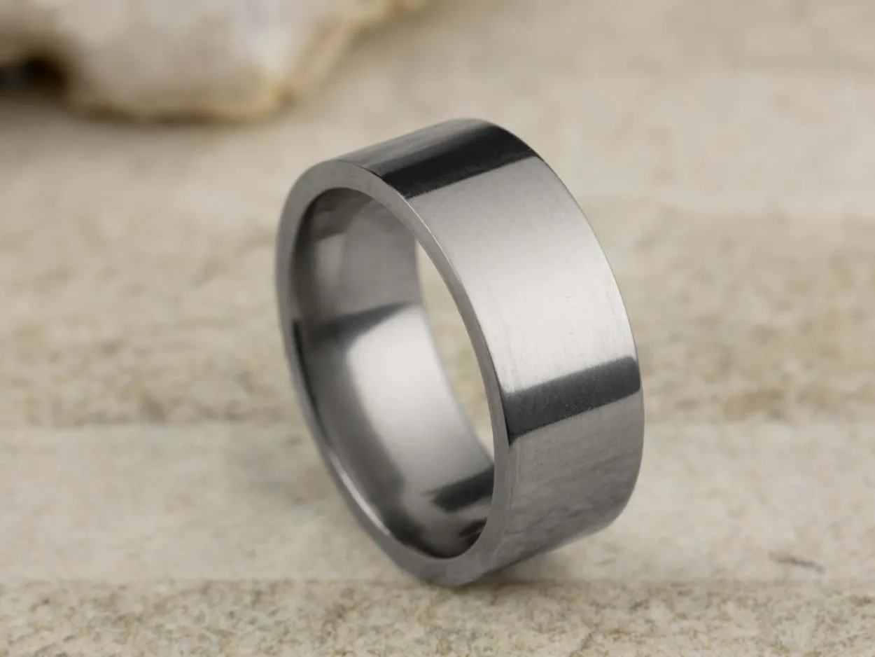 Titanium Flat Court Easy Fit Polished Wedding Ring 8.0mm, Size R, 2.0mm Wall