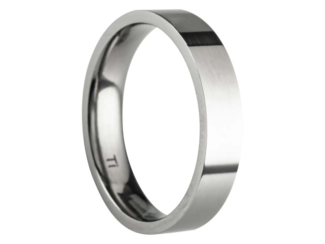 Titanium Flat Court Easy Fit Polished Wedding Ring 4.0mm, Size R, 1.6mm Wall