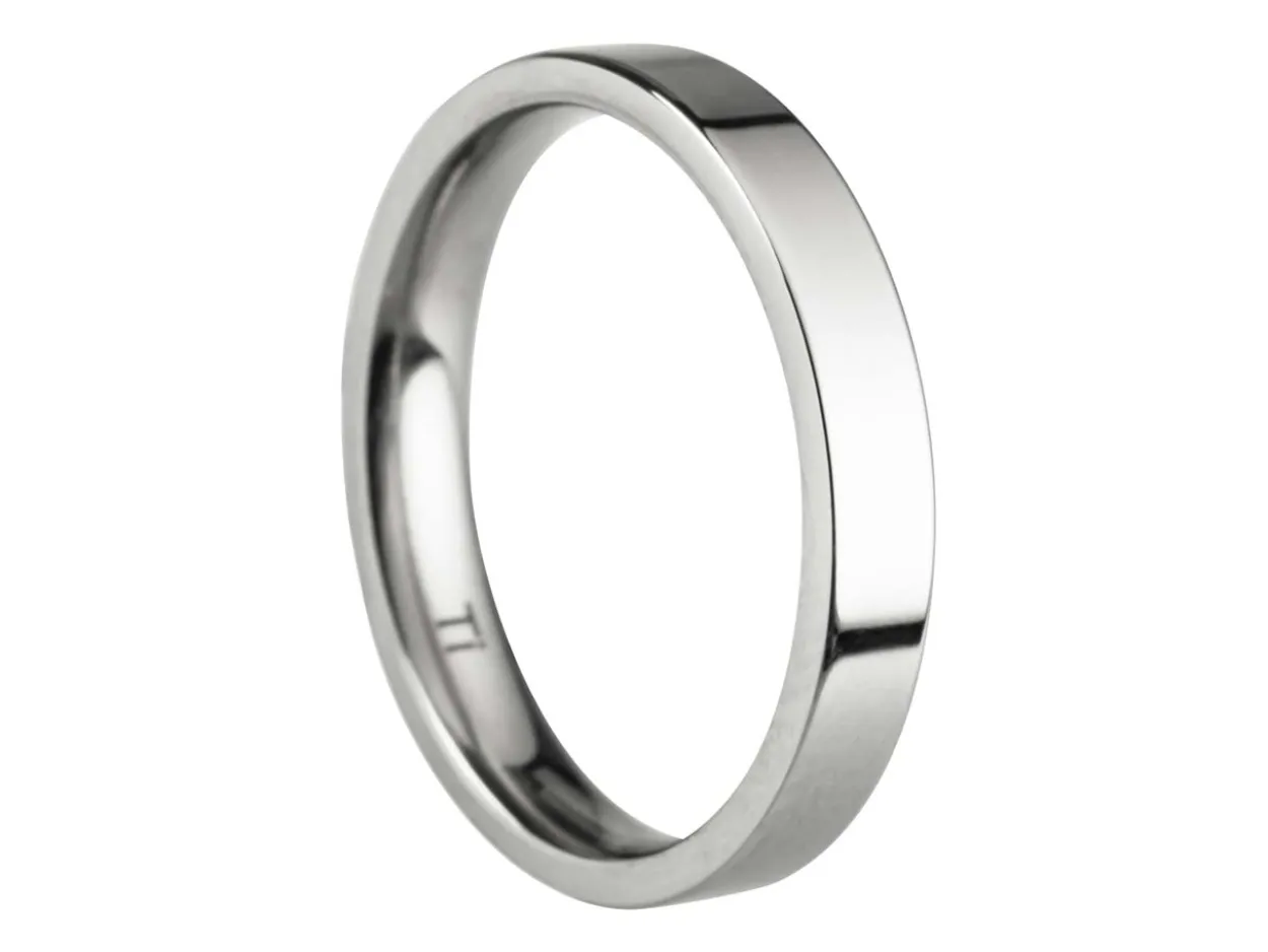 Titanium Flat Court Easy Fit Polished Wedding Ring 3.0mm, Size M, 1.6mm Wall