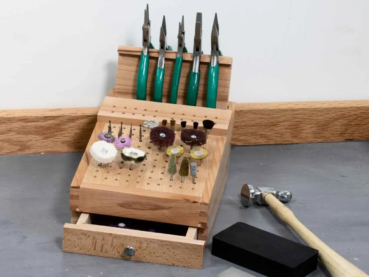Wooden Plier, Burr And File Benchtop Organiser With Drawer